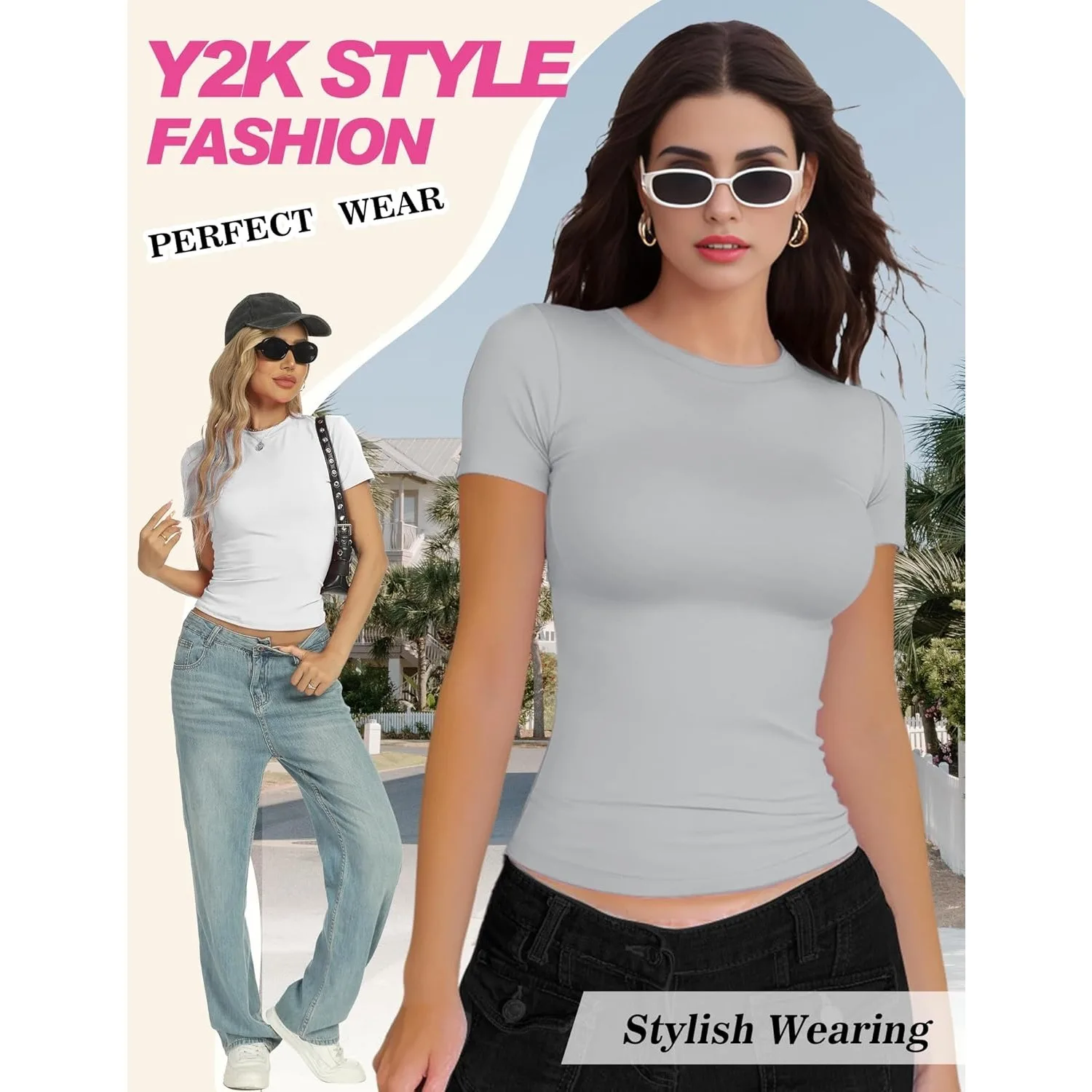 สตรี Basic แขนสั้นลูกเรือคอ T เสื้อ SLIM FIT Tees ฤดูร้อน 2025 Y2k Going OUT ติดตั้งน่ารักเสื้อแน่น