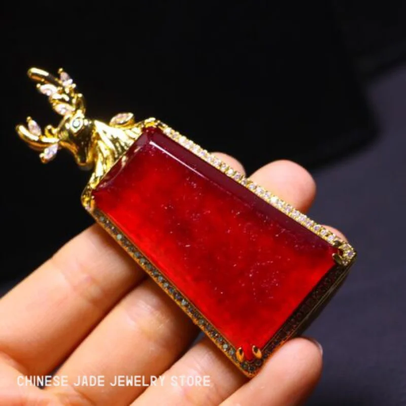 

.Perfect High Ice Chinese Red Jade Precision Carved Trapezoid Pendant