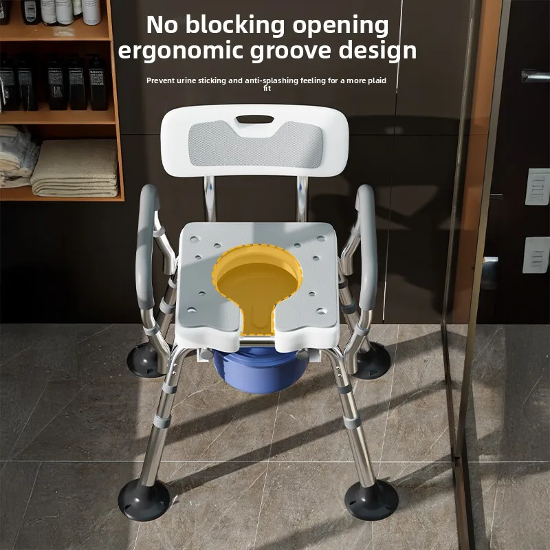 Adjustable Height Anti-slip Shower Seat with Back Armrest Drainage Holes Aluminium Bedside Commode Toilet Chair 550lb Capacity