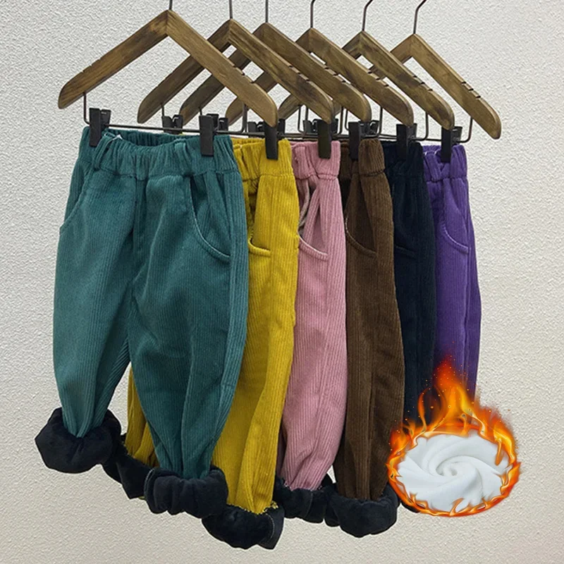 

Boys Girls Corduroy Pants Kids Fleece-lined Winter Trousers Children Fashion Padded Sweatpants Toddler Thicken Casual Pants
