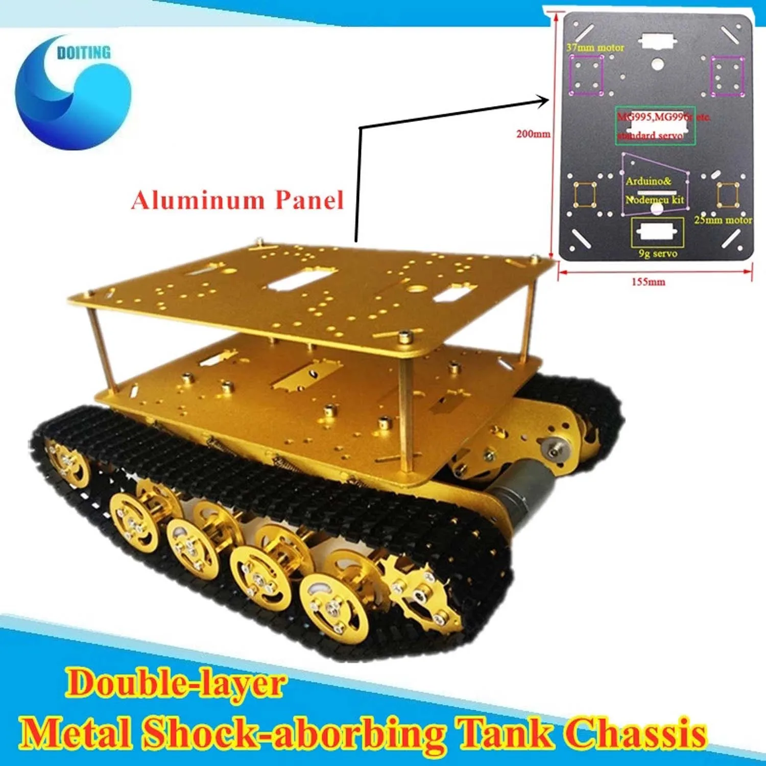 Smart RC Metal Tank Car with Shock Absorption Caterpillar Tracked Vehicle Chassis Frame Crawler Bearing Platform,Servos,Controll