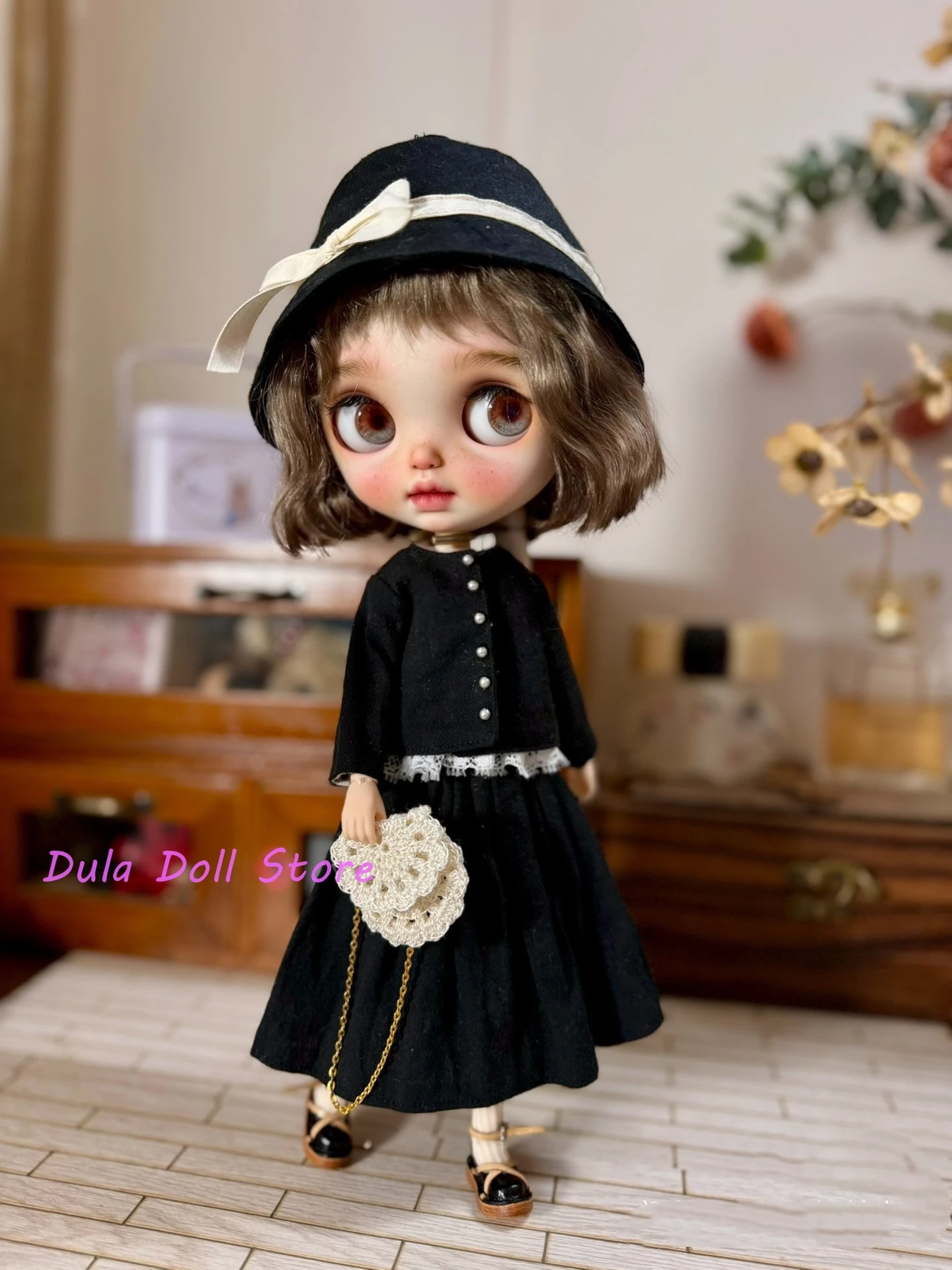 Dula Doll Clothes Dress Bucket hat Black and white lattice skirt Blythe Qbaby ob24 ob22 Azone Licca ICY Bjd