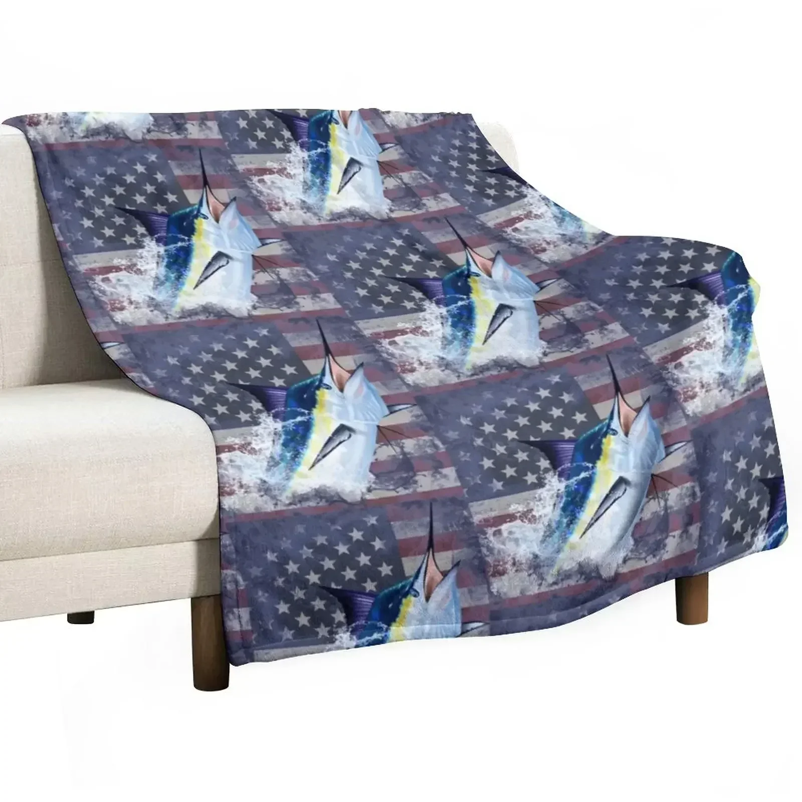 Blue Marlin with US Flag Throw Blanket Kid'S Designers Beautifuls Furrys Blankets