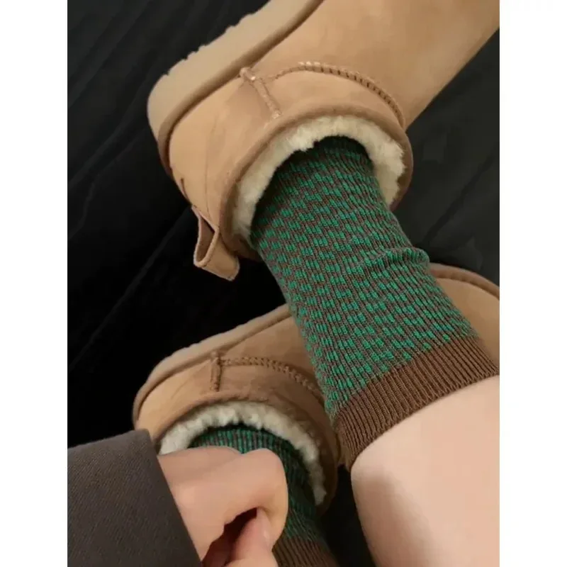 Fashionable Vintage Thousand Bird Grid Double Needle Double Road Medium Tube Socks Women's Color Blocking Hong Kong Style Male W
