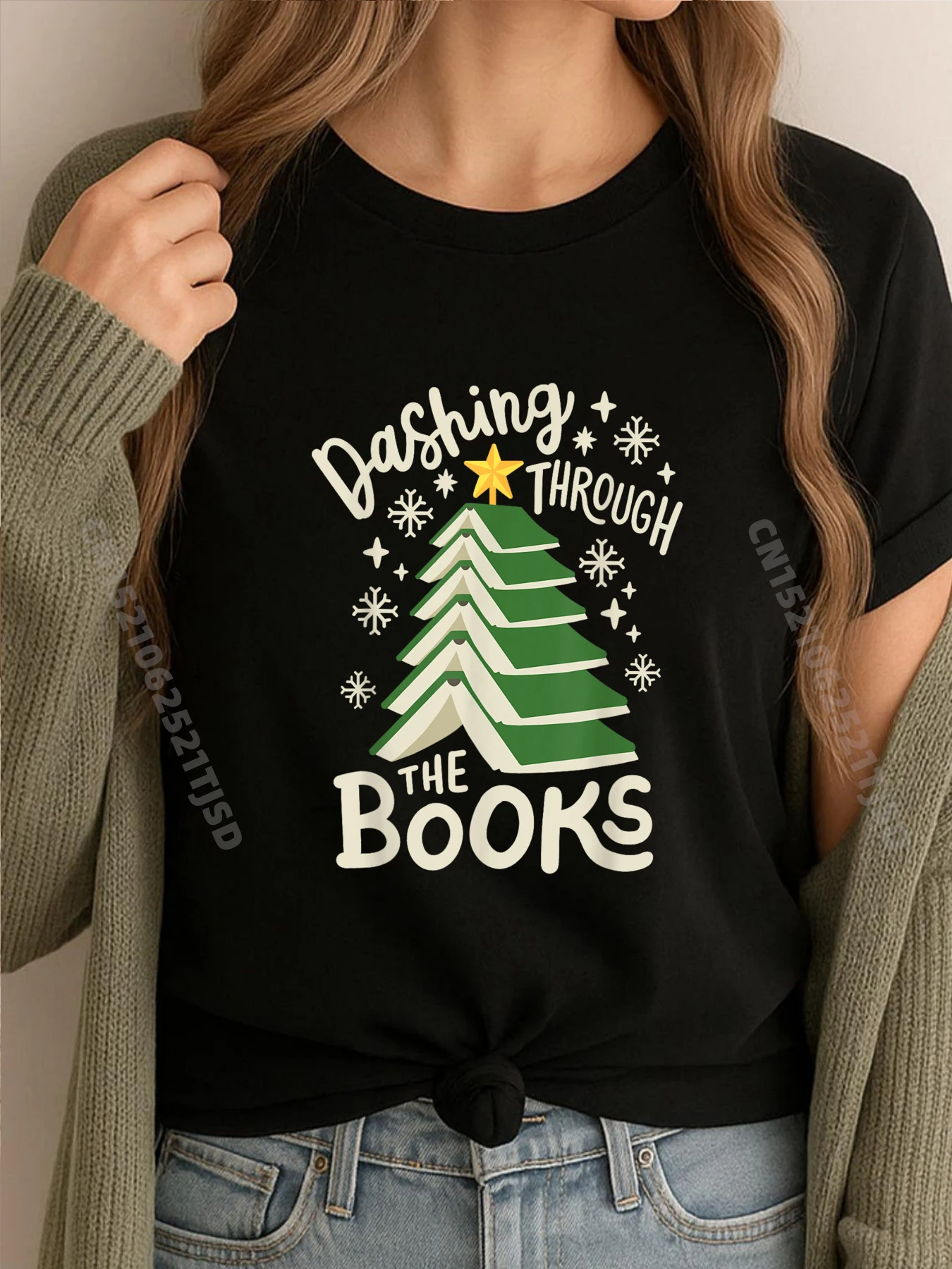 

Черная футболка для любителей рождественских книг Dashing Through The Books Футболка на заказ