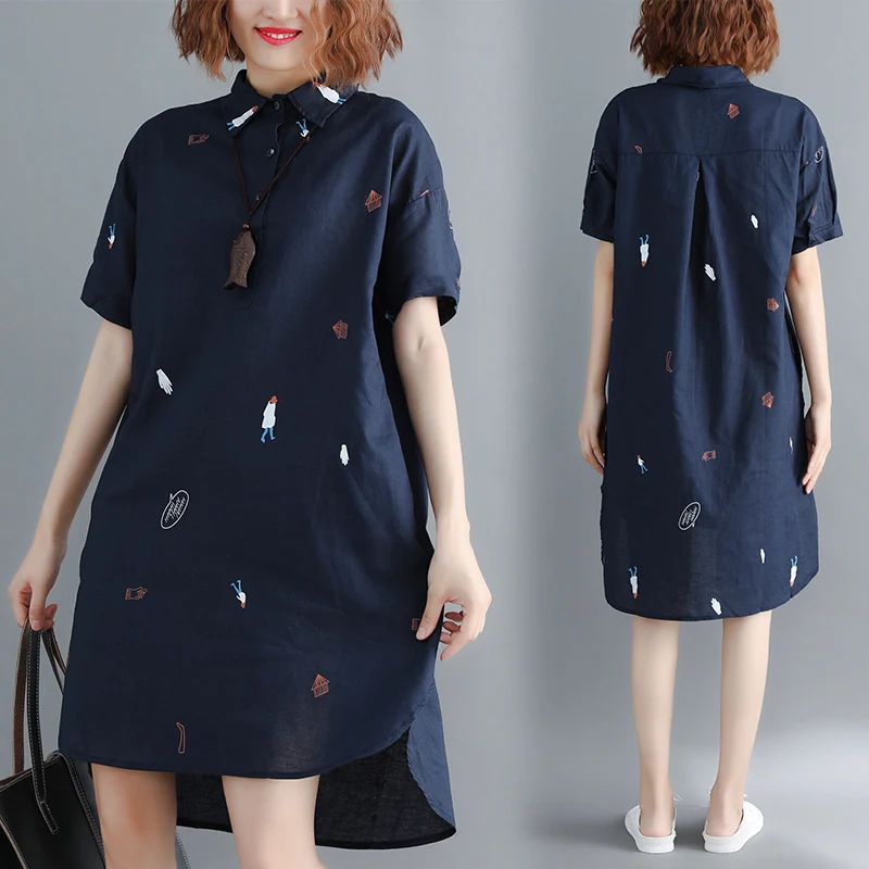 

plus Size Women's Summer Loose Artistic Slimming Dr Cotton Linen Midi irt Dr Straight Cut Regular Sve ort Sve
