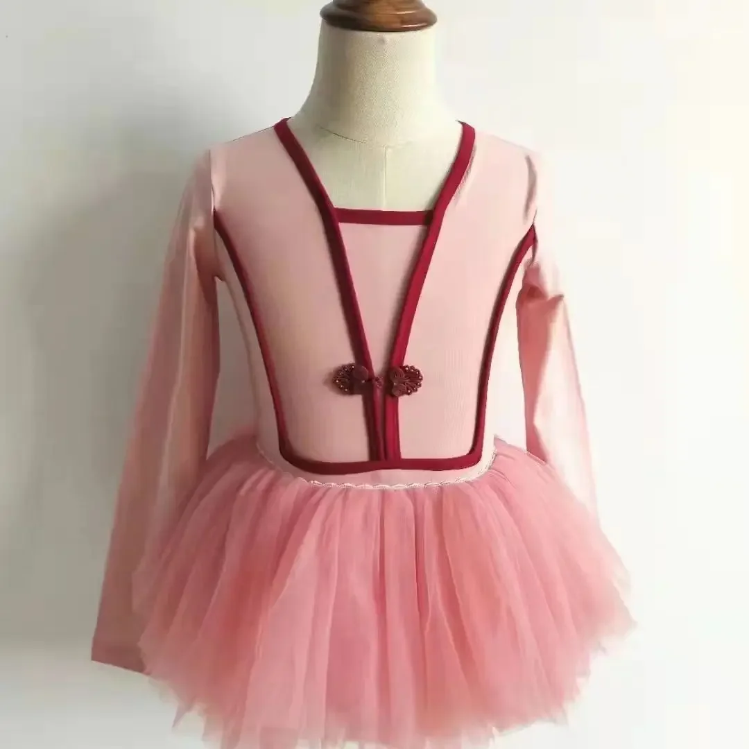 Kids Girls Long Sleeve Dancewear Dress Elegant Vintage V-neck Leotard with Tutu Birthday Party New Year Gifts for Daughter