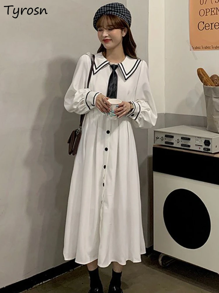 

Dresses Women Preppy Style Sweet Design Midi Vestidos Ulzzang Simple Elegant Daily Students Retro Stylish Tender Leisure Autumn