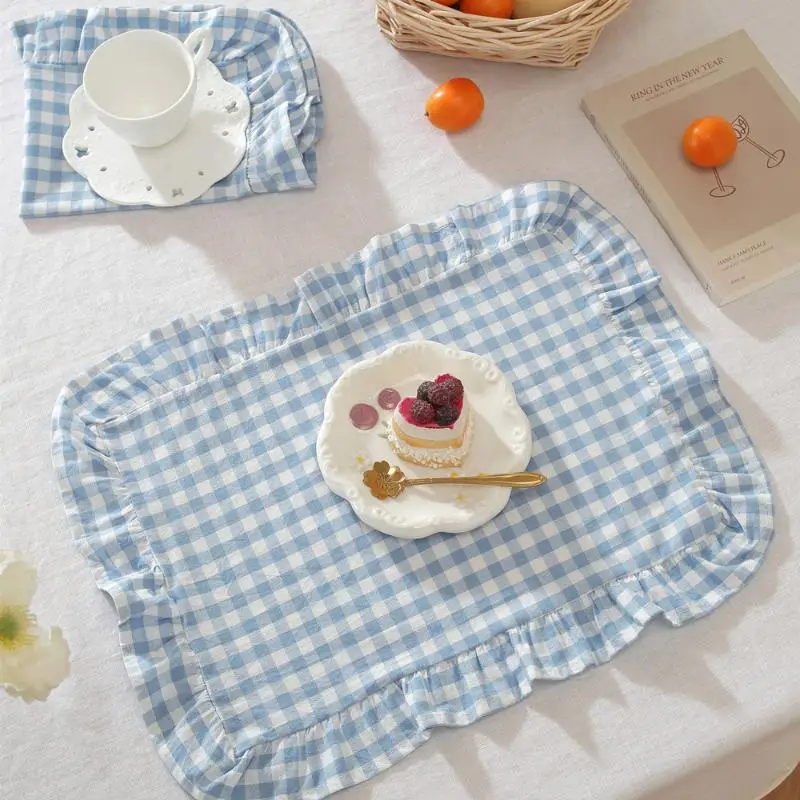 Pink Blue Stripe Ruffle Placemat Set Cute Table Decor For Kitchen Dining Room Breakfast Party Napin