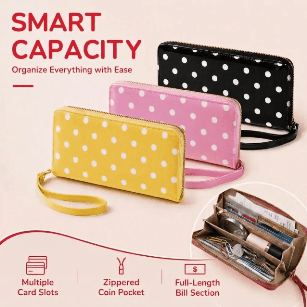 carteira-feminina-em-couro-sintetico-com-padrao-de-bolinhas-varios-compartimentos-para-cartoes-fecho-de-ziper-e-multiplos-bolsos-para-guardar-cartoes