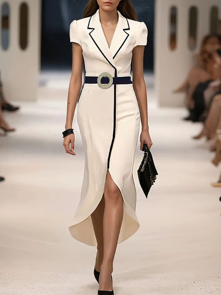 

Gymystars Women's Office Formal Dress Slim It High-Low Dresses New Solid Color with Belted Lapel Summer Dresses 2026 Female Robe