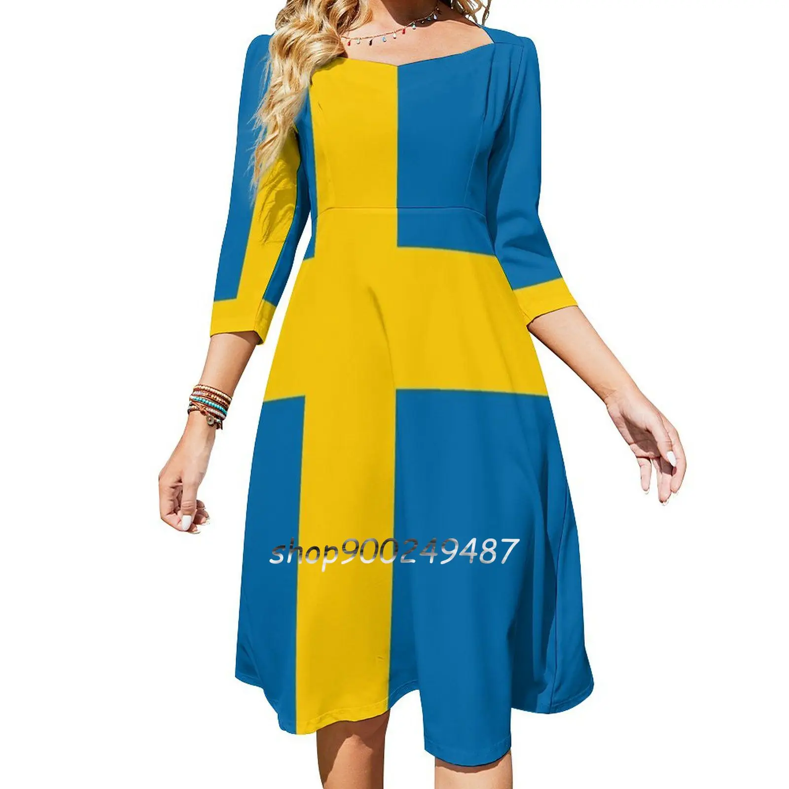 Swedish Flag Sweetheart Knot Flared Dress Fashion Design Large Size Loose Dress Sweden Swedish Swede Flag Flags Authentic