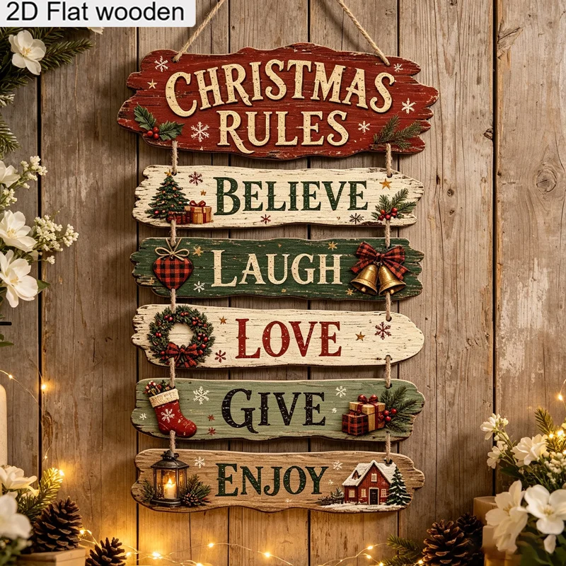 Set of 6 Large, Thick, 2D Flat Wooden Christmas Plaques with the Phrases 