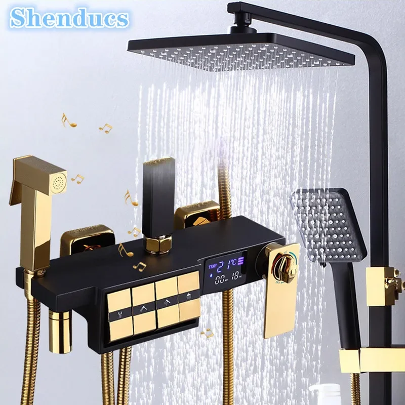 Hot Cold Piano Digital Bathroom Shower System Set 12 Inch Rain Shower Head Black Gold Waterfall Thermostatic Shower Set Faucets