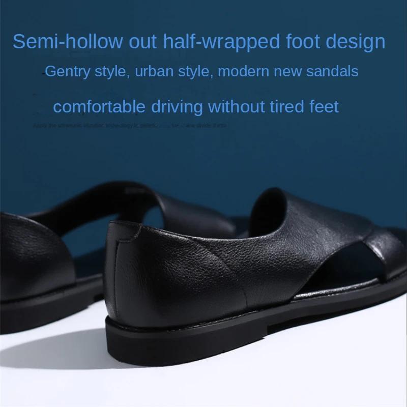 Summer Slippers Sandals Men Outdoor Flats Loafers Male Genuine Leather Hollow Out Breathable Shoes Beach Footwear Big Size 38-48