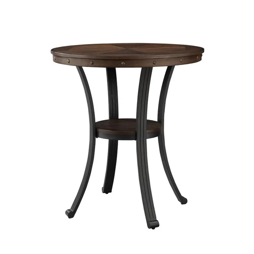 

Round Metal and Wood Pub Table, 36 w x 36 d x 40 h, Rustic Umber Brown Finish, Oak Veneer MDF Top, Nailhead Trim, Curved Metal