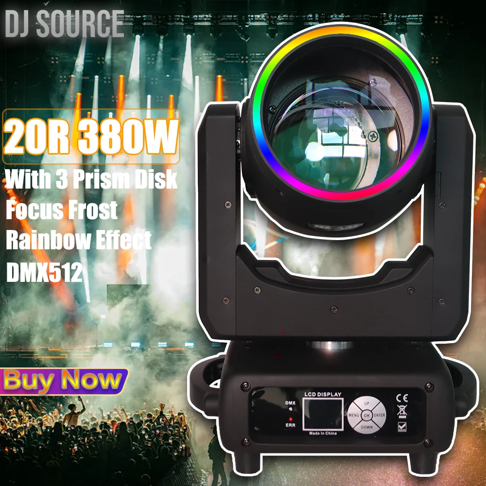 High Brightness 20R 380W Beam Spot Moving Head Light With SMD 3 Face Prism Disk Focus Frost Rainbow Effect DMX512 DJ Stage Light
