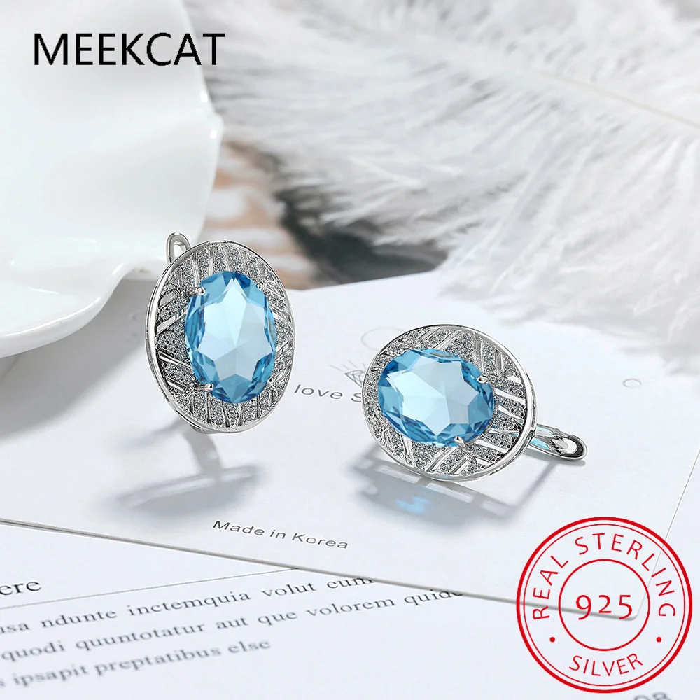 

Oval Genuine Blue Topaz 925 Sterling Silver Hoop Earrings for Women Ellipse Gemstone Fine Jewelry Huggies Aretes Creole