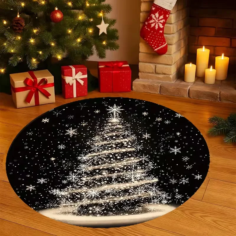 Round Vintage Santa Claus Gift Box Area Rug Holly Berry Frame Xmas Pattern Decor Carpet For Bedroom Living Room