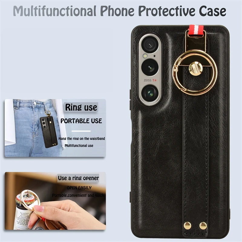 Luxury Wristband Leather Stand Case for Sony Xperia 1 VII 10 VI 5 V IV III With Ring Opener Shell Coque Fundas Capa view 3