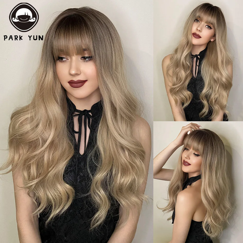 Light Blonde Hair Long Natural Wave Wig with Bangs Cosplay Lolita Party  Heat Resistant Fiber Wigs for Women Daily Fake Hair