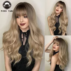 Perruque naturelle ondulée longue et Blonde avec frange, Cosplay, Lolita Party, en Fiber résistante à la chaleur, faux cheveux quotidiens pour femmes