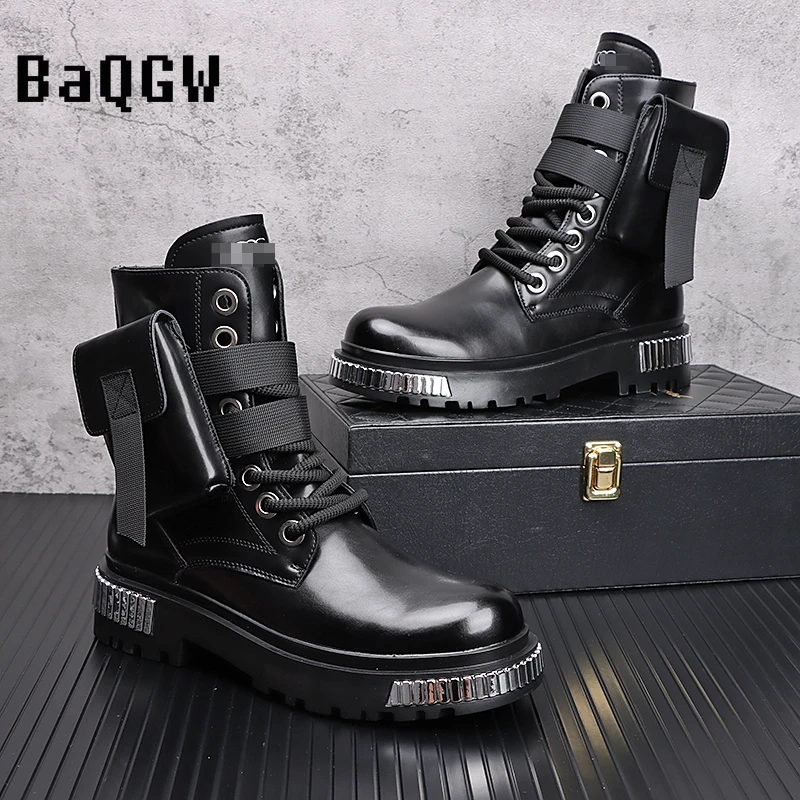 Metal Patchwork High-Top Shoes Men\'s Autumn Winter Fashion Trend Cowboy Boot British Style Height Increasing Leather Short Boots