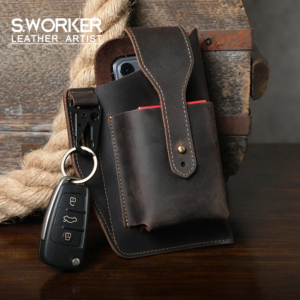 S.WORKER Vintage Herren-Gürteltasche aus Vollnarbenleder, Echtleder-Freizeitgürteltasche für Handy und Schlüssel. – Detail 2
