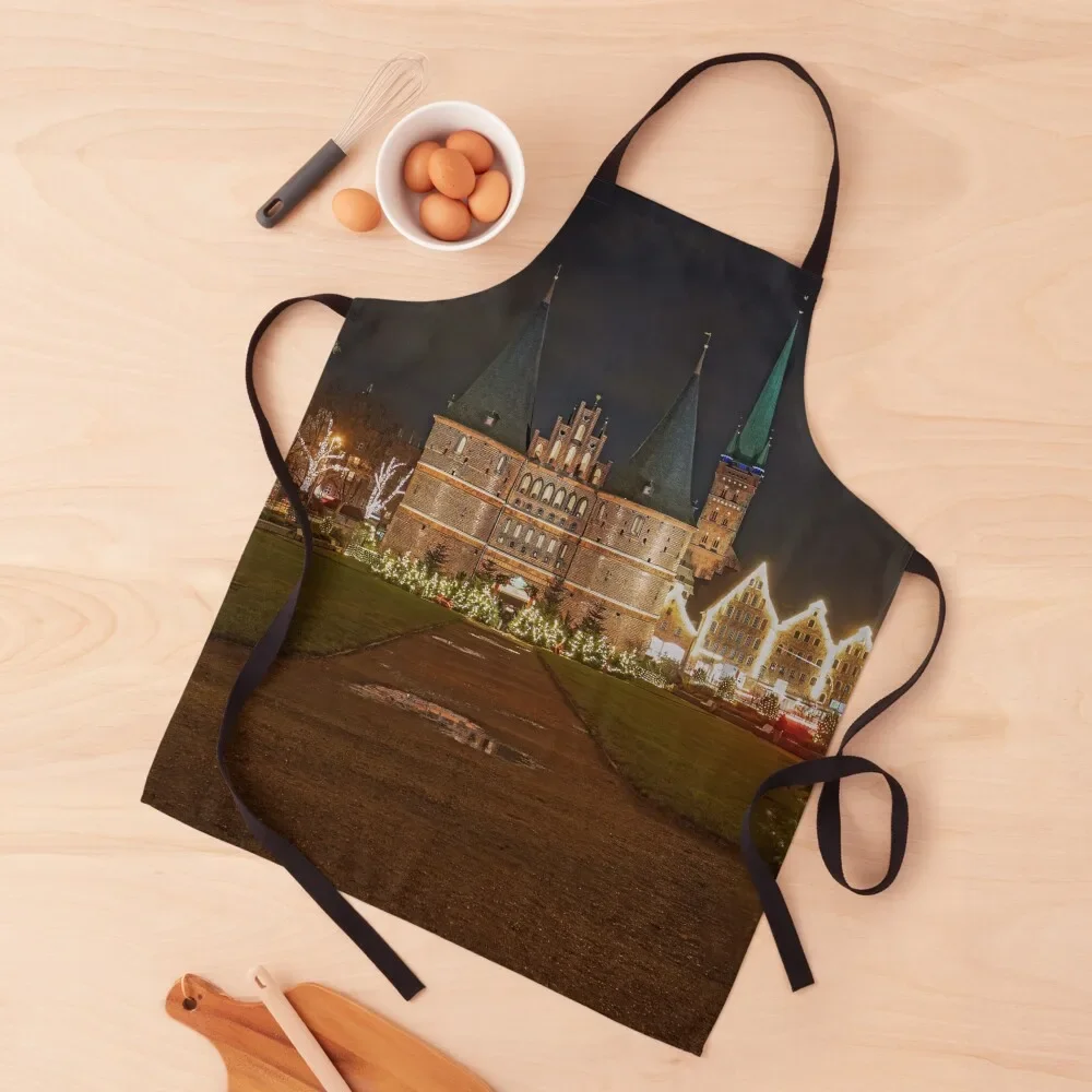 Lübeck's Holstentor in the glow of Christmas lights Apron Cute Kitchen home women Apron