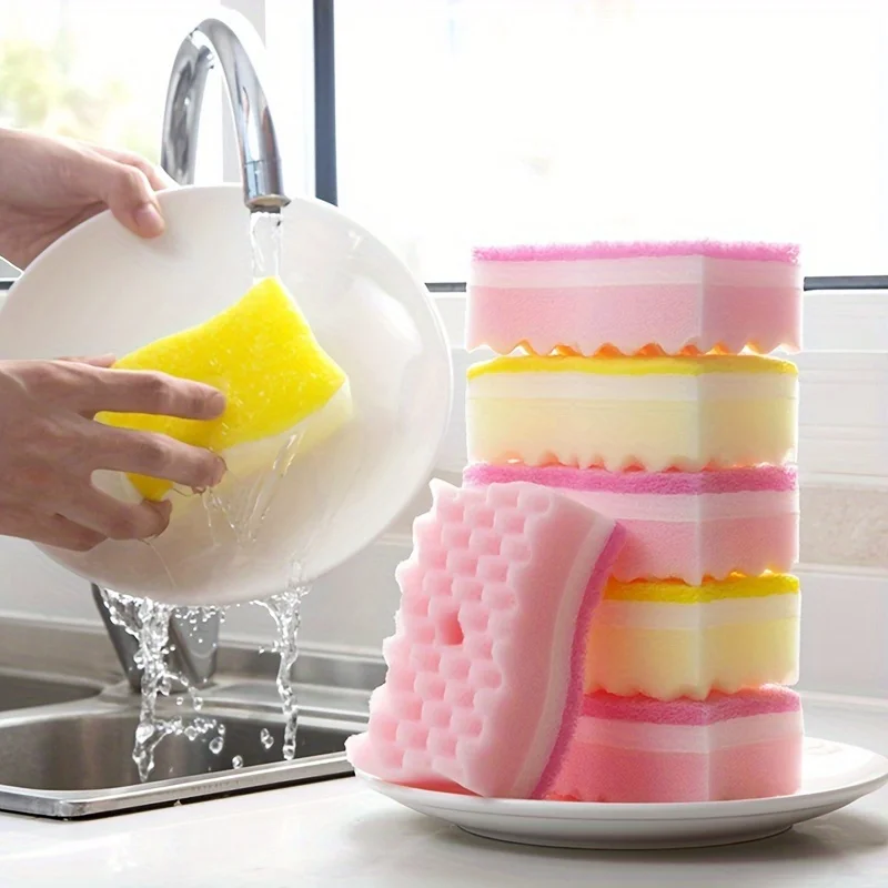 4pcs Random Color S Type Wave Sponge Scouring Pad, Kitchen Absorbent Cleaning Sponge, Color Dish Towels, Cleaning Block Wipes