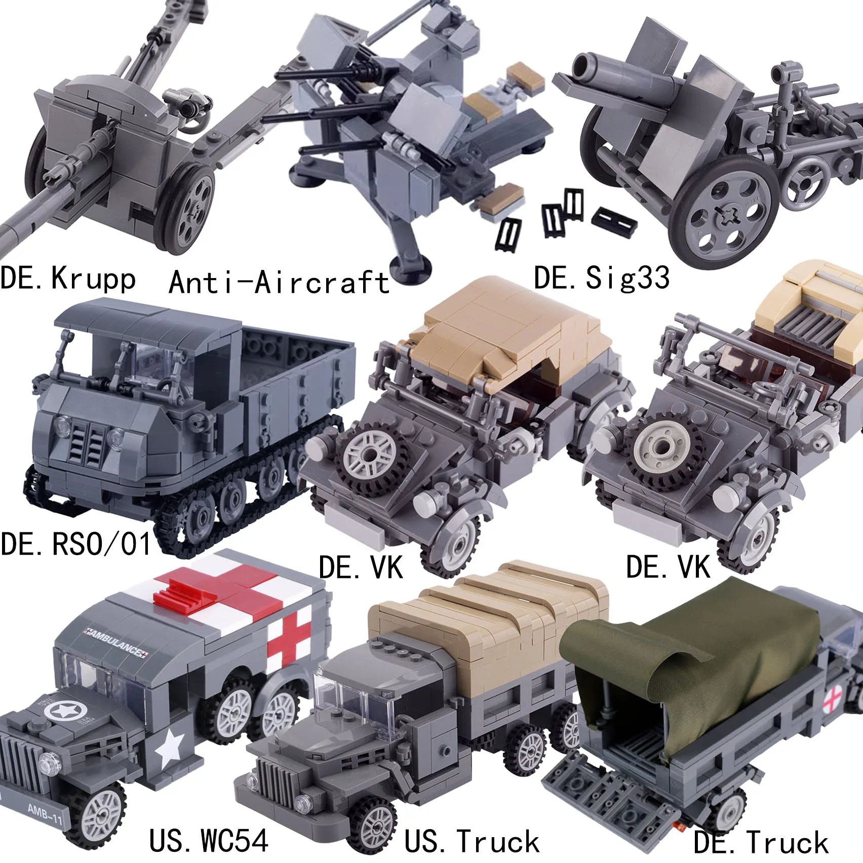 WW2 German Military Vehicle Building Blocks War Scene US Armored Car Soldiers Carrier Medical Truck Cannon Bricks Toys Boys Gift