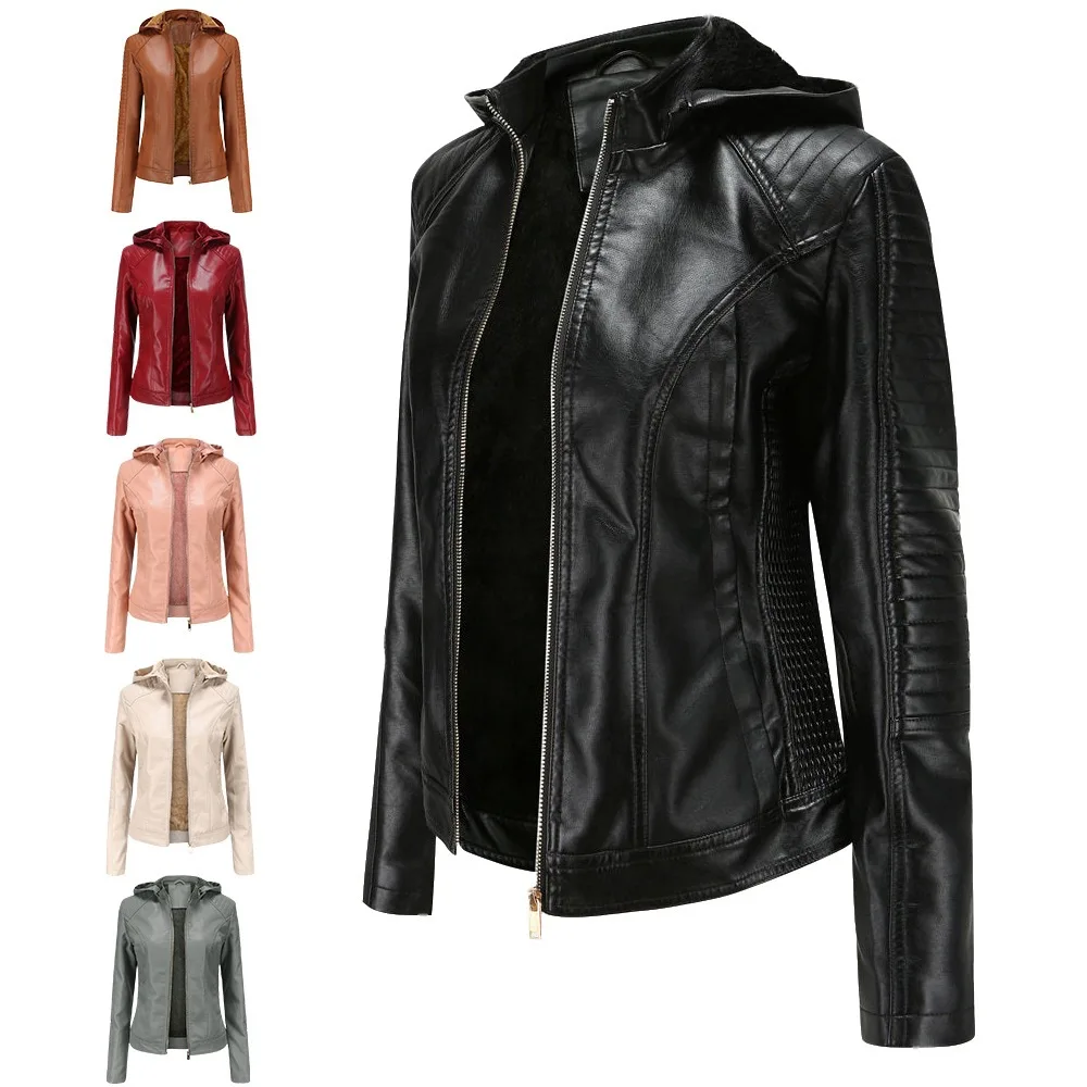 New Women's Autumn Winter Large Size Hooded Short Velvet Leather Thermal Casual Jacket