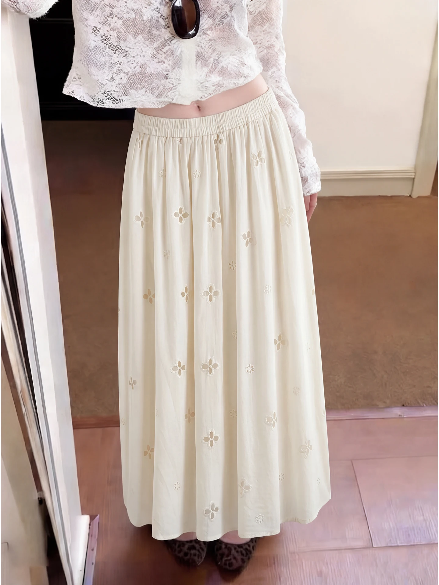 

Ele Embroidered Midi Skirt plus Size White Korean Sle High Waist Spring New Arrival Agel High-End Feeling f-lengt...