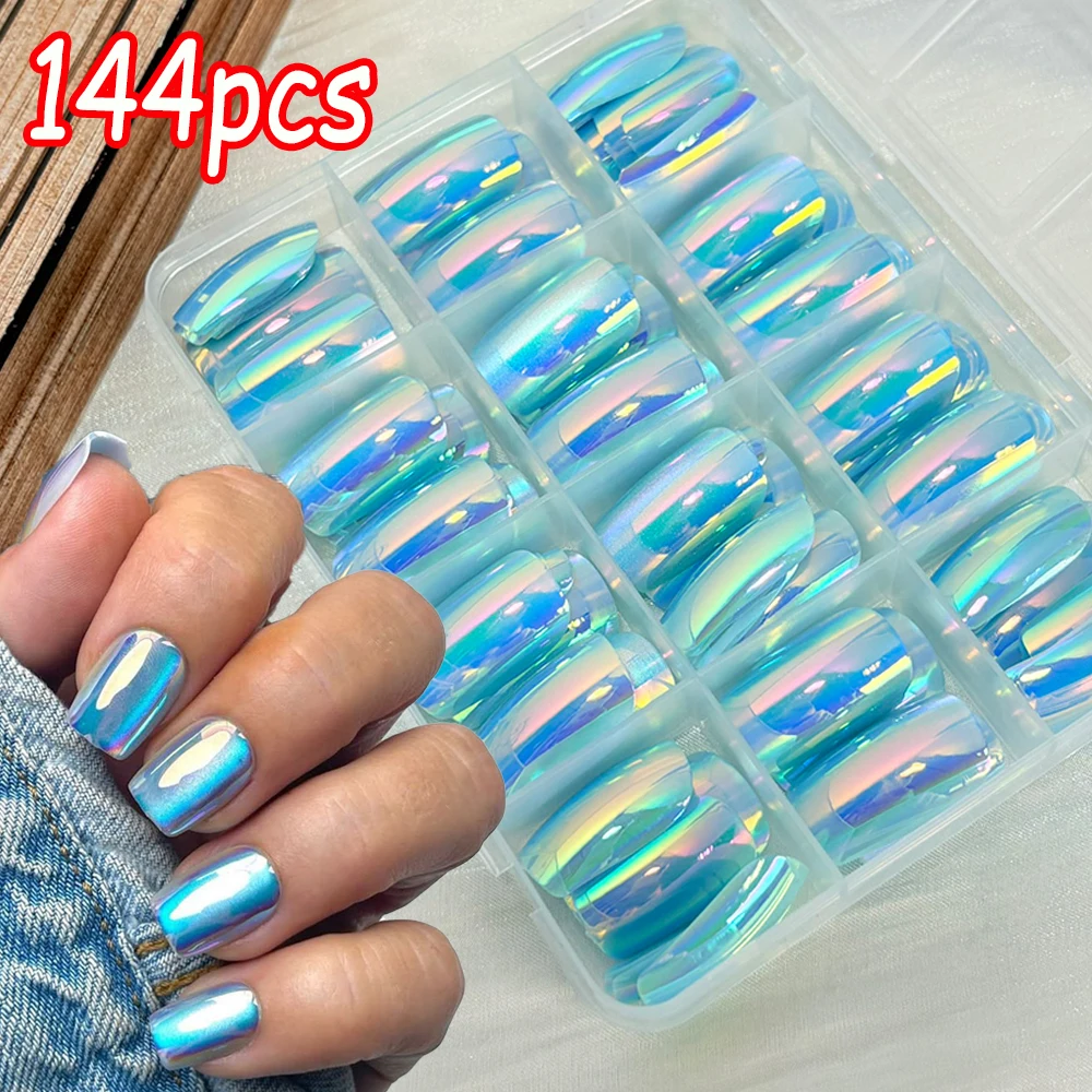 

144 шт., синий хромированный градационный пресс для ногтей, хамелеон, средние длинные квадратные накладные ногти, светоотражающее зеркало, накладные ногти с эффектом омбре для женщин