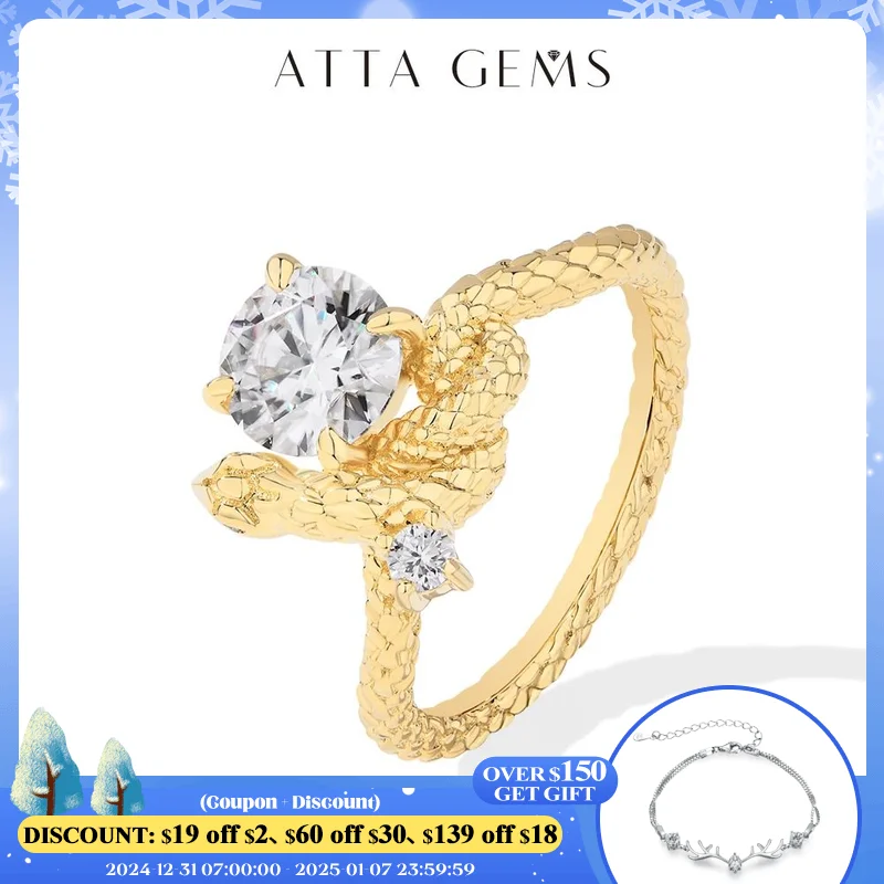 ATTAGEMS Original Snake Moissanite Rings Round Cut 1.2CT for Women Men S925 Silver 18K Gold Plated Engagement Party Jewelry Gift