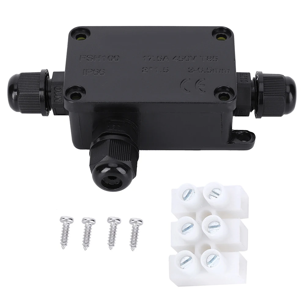 Cable Junction Box Waterproof Terminal Junction Box Black PC Mini 1 in 2 Out for Outdoors IP66 3‑6.5mm Waterproof Junction Box