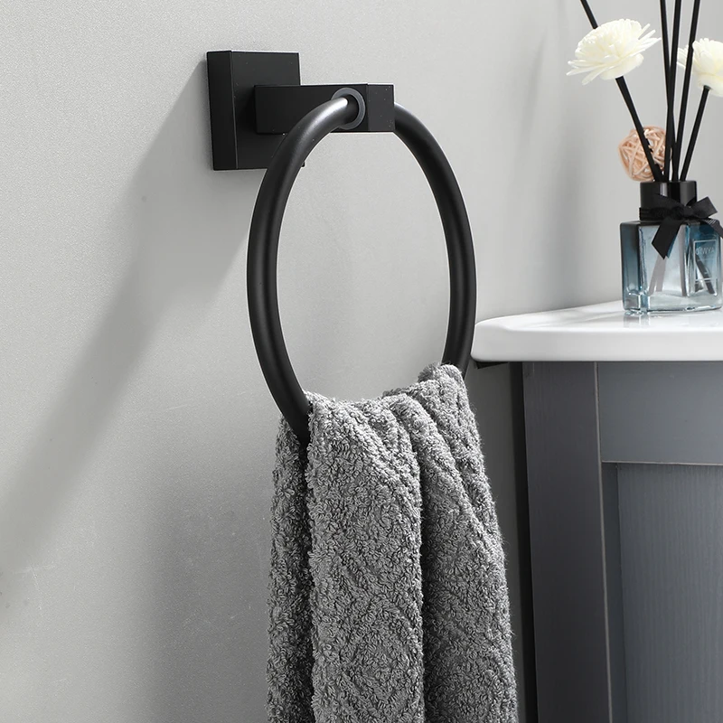 Stainless steel black towel ring, circular towel towel holder, bathroom minimalist towel ring hanging ring, no punching