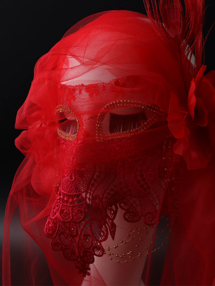 Mask Lace Mesh Tassel Big Red Flower Decoration Full Face Veil Exaggerated Exquisite White Stage Performance Singing Party Props