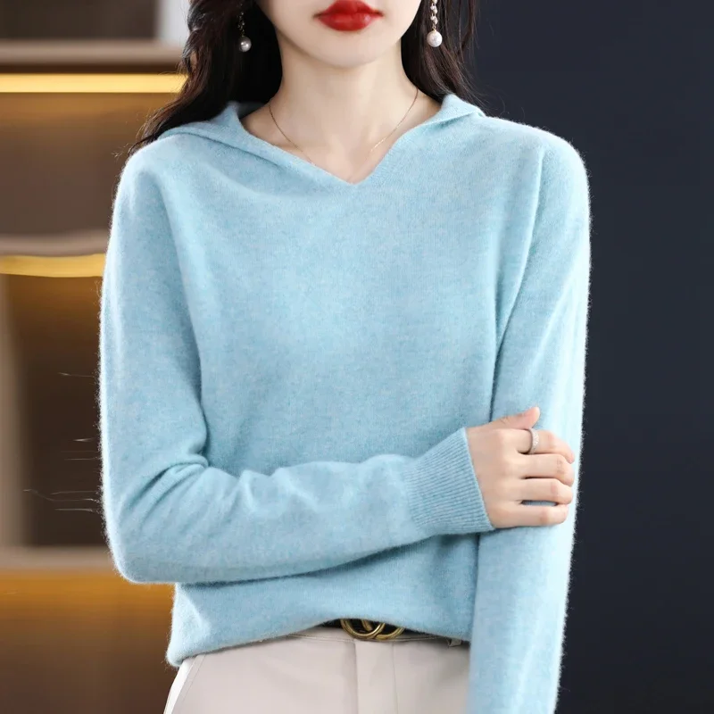 

Autumn and Winter New 100 Pure Wool Knitted Sweater Women's V-neck Sweater Solid Color Long Sleeve Jacket Cashmere Casual Top