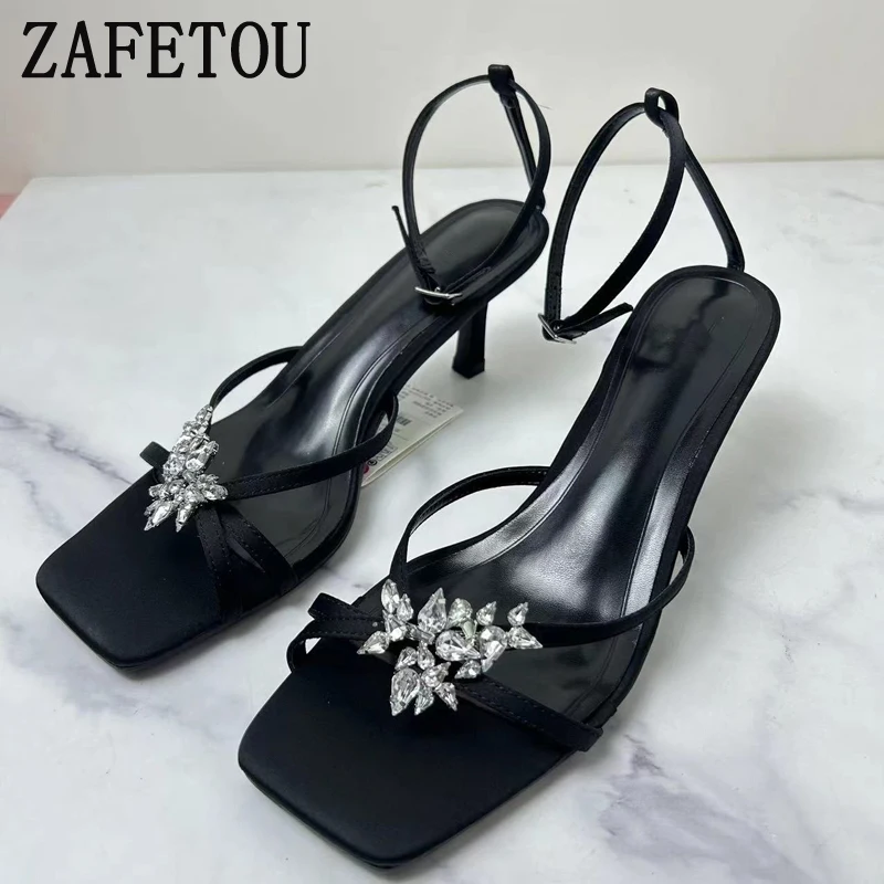 Zafetou Shoes Women Summer New Style Black Square Head Exposed Toes High Heels Fashion Ankle Buckle Rhinestone Women's Sandals