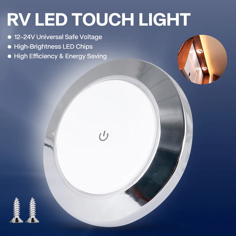 12V 24V RV LED Touch Light, Ultra Thin 1.1cm Ceiling Lamp for RV Boat Cabin, High Brightness 3W Energy Saving Cabin Light