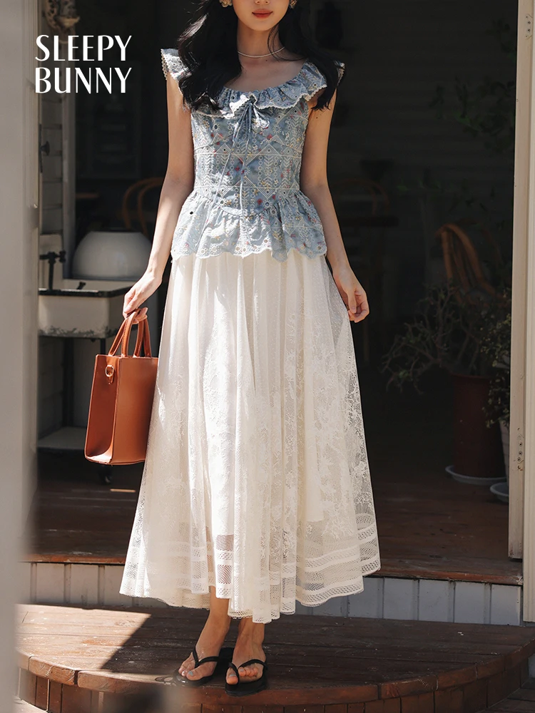 

White Lace Tulle Midi Skirt Women Summer High Waist A-Line Mesh Skirt Loose Fit Elastic Waist Vintage Flowy Skirt Casual Look