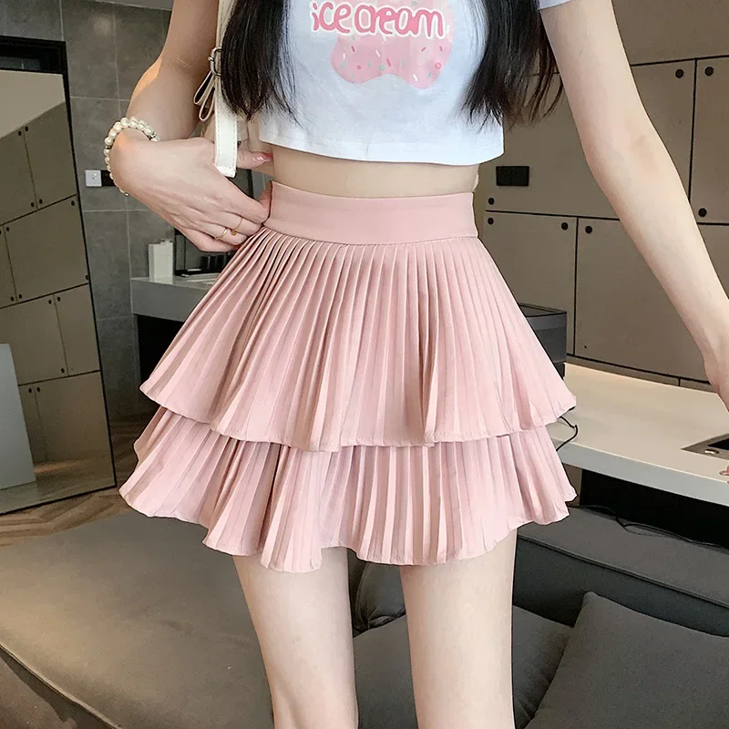 

Double-decker Cake Skirt Pleated Skirt 2024 Summer New Solid Color Elastic High Waist Short Skirt A-line Fluffy Skirt Sweet C29