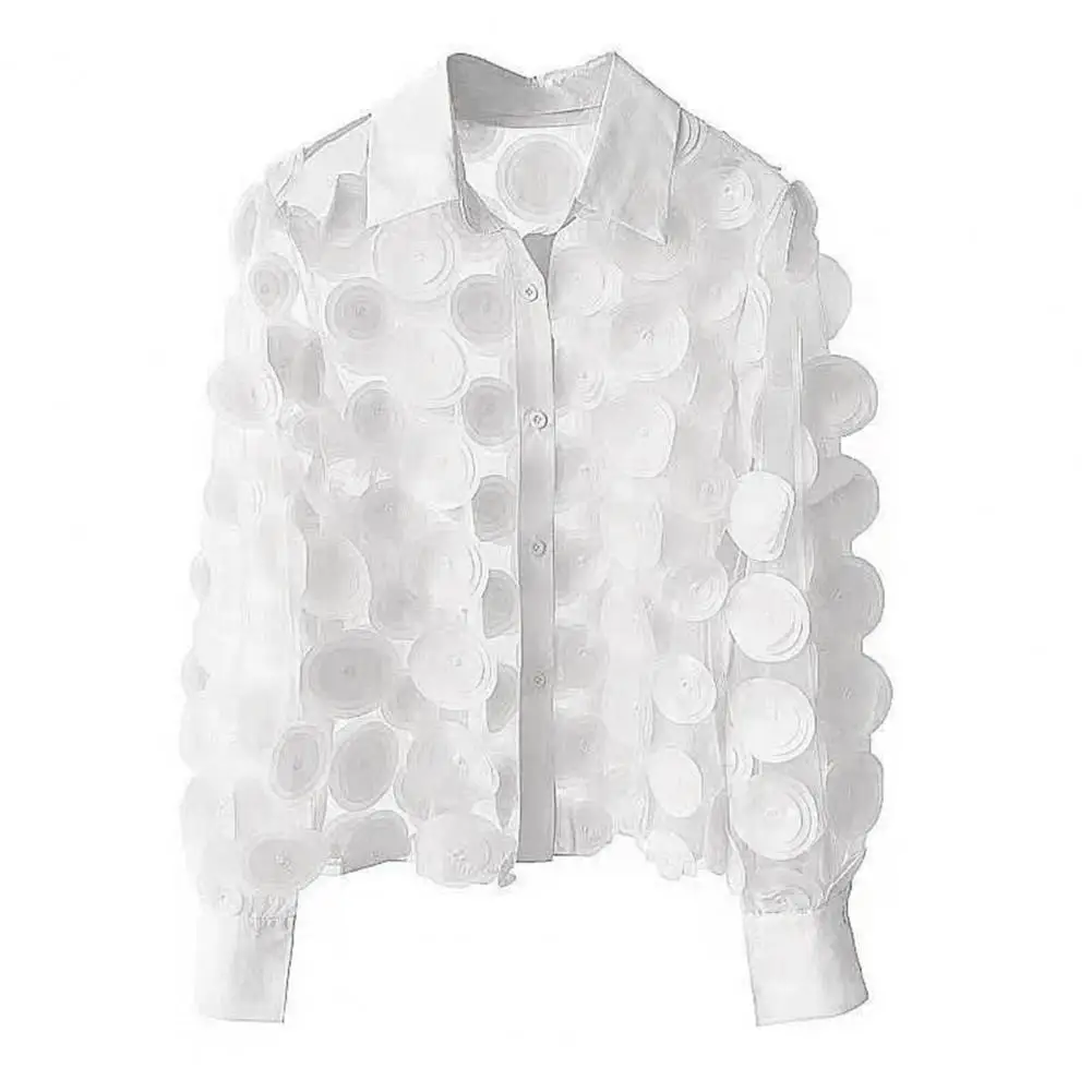 Women Chiffon top Summer Lantern Long Sleeve Shirt Tops 3D Floral Print Semi-Sheer Mesh Splicing Single Breasted Blouse