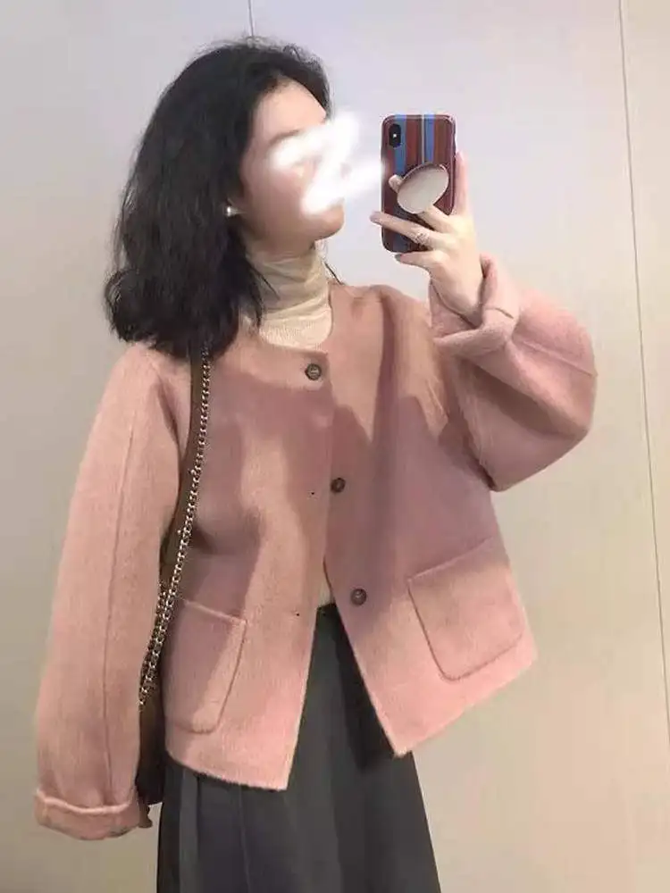 

Розовое шерстяное пальто женское в корейском стиле, новая зимняя модная модель, маленький размер, элегантное, ветрозащитное, трендовая верхняя одежда
