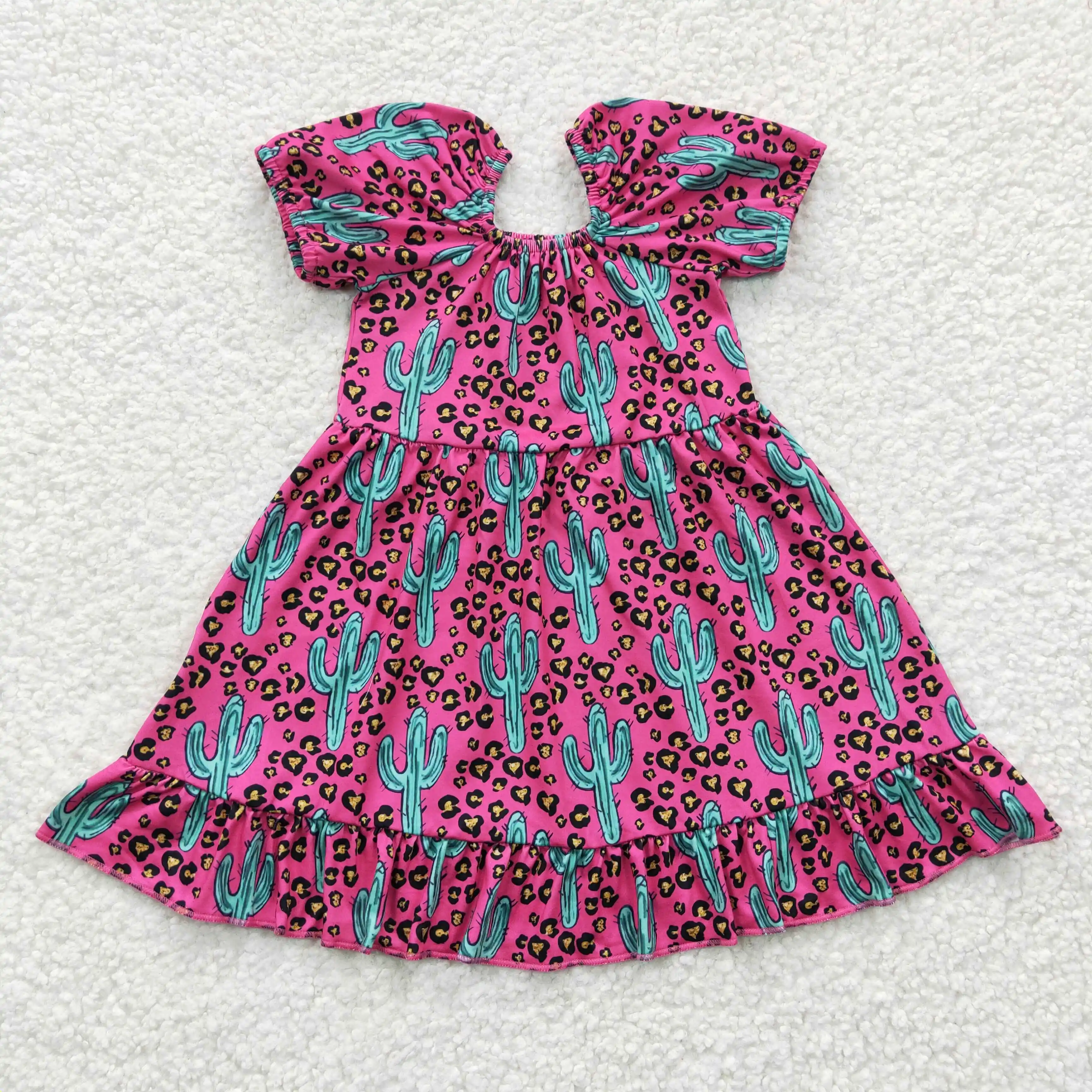 8.02 GSD0305 Toddler Summer Clothes Milk Silk Short Sleeve Cactus Print Kids Girl Dresses