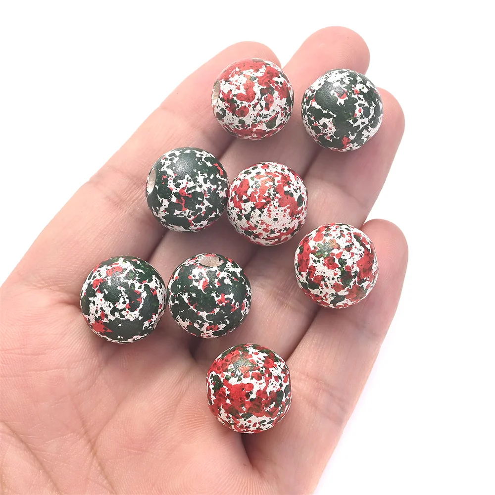 16mm 10 Stück Weihnachts-Holzperlen mit bemaltem Rot-Grün-Splatter-Graffiti, Vintage-Optik, große Löcher für DIY-Bastelarbeiten und Girlandenherstellung – Detail 5