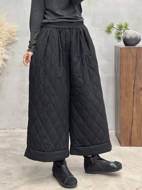 

Thiened Quilted Cotton Pants Women's Winter Outerwear Turn-down Elastic Waist High-waist Straight-leg Warmth Tube Pants