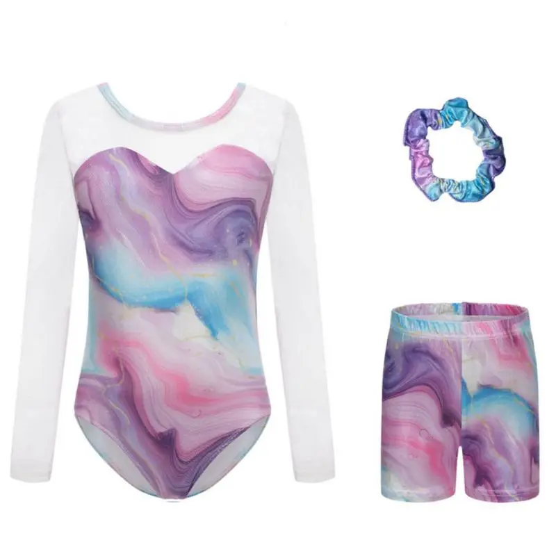 

3 шт., балетные танцевальные купальники без рукавов/длинных рукавов для детей 5-12 лет, гимнастические танцевальные акробатические наряды с подходящими шортами, ободок для волос