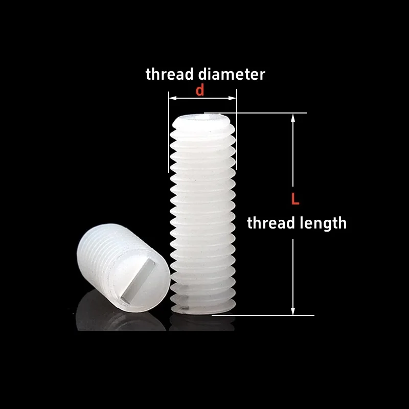 Nylon Slotted Head Set Screw M3 M4 M5 M6 M8 M10 M12 Black White Plastic Insulation Flat Point Set Grub Screw Headless Set Screws